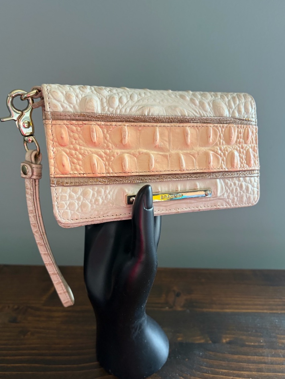 Brahmin Pink and Cream Croc-Embossed Leather Wristlet Wallet with gold hardware